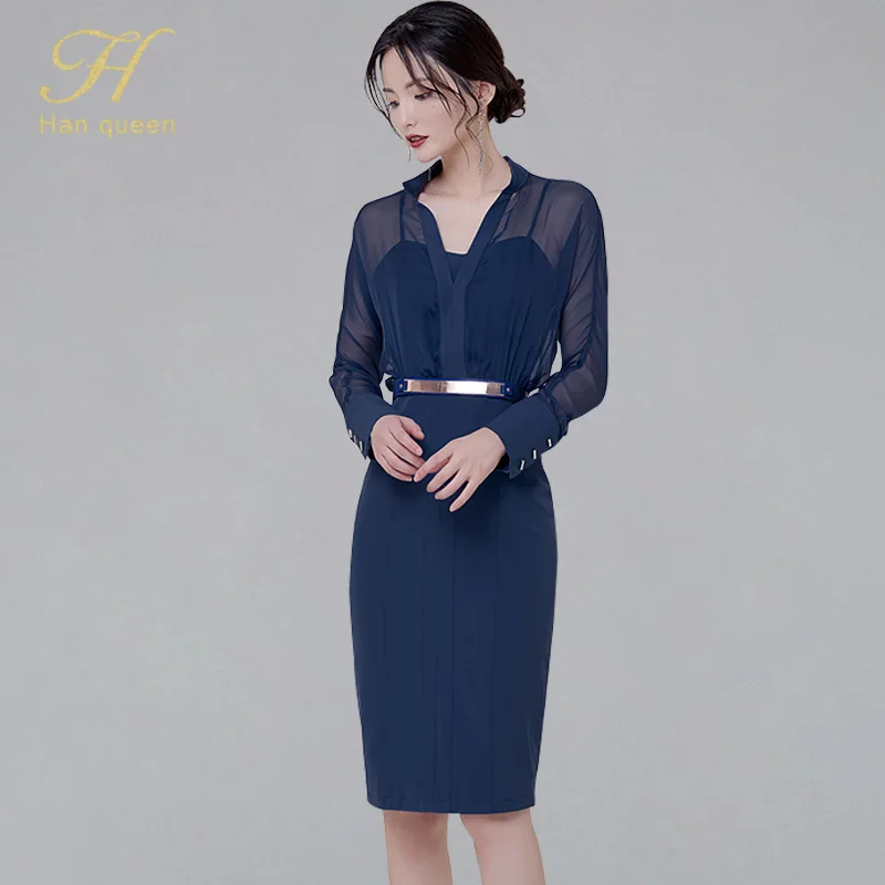 

H Han Queen OL Wear To Work Business Pencil Dress Women 2019 Autumn New Chiffon Bodycon Dresses Fake 2-piece Patchwork Vestidos
