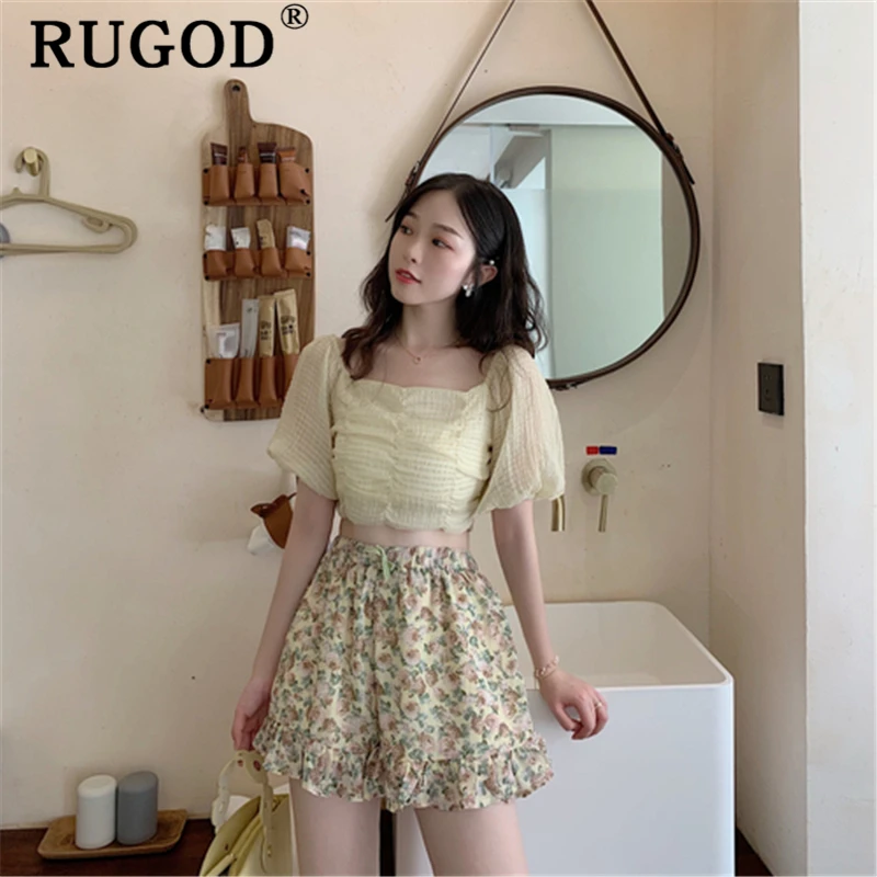 RUGOD винтажная однотонная женская блузка элегантная с пышными рукавами короткий
