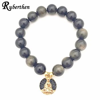 

Ruberthen 10 mm Golden Obsidian Energy Bracelet New Design Handamde Buddha Charm Bracelet Spiritual Balance Heraling Bracelet