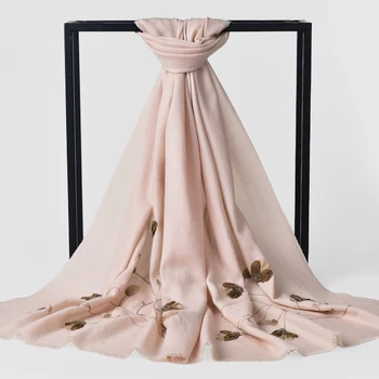 

100% Wool Scarf Winter Women Pashmina Flower Solid Embroidery Shawls Wraps Warm Sheep Wool Scarves For Bride Wedding 190x65cm
