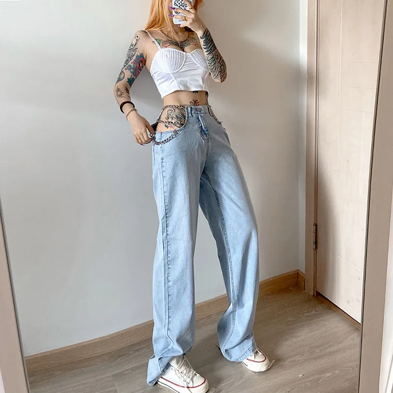

2020 Autumn Women's New Oversize High Waist High Slimming Loose Wide Leg Side Chain Hole Casual Pants Jeans