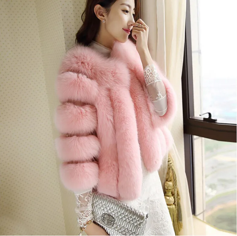Furry Winter Ninety Percent Sleeve Loose Imitation Rabbit Faux Fox Fur Coat Furry Thick Short Women Fur Jacket casaco WT5 - Цвет: Розовый