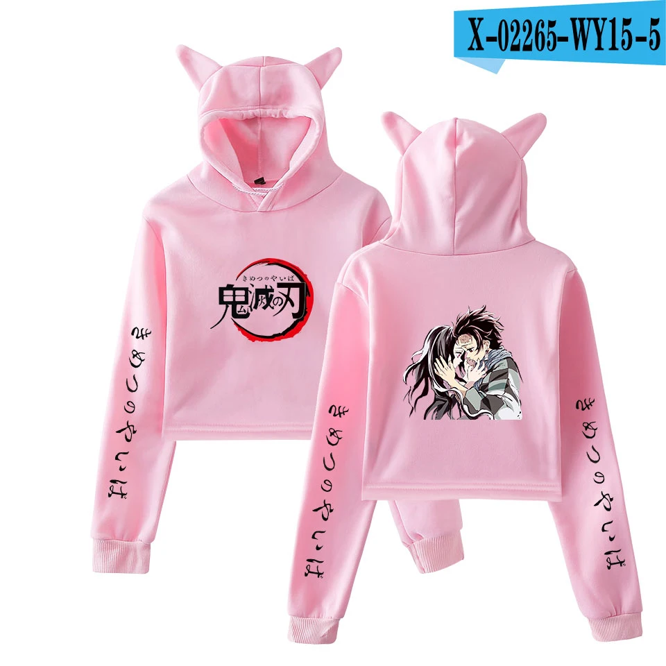 Demon Slayer сексуальные толстовки с принтом женские Забавный короткий кошачий Топ Kawaii толстовки Толстовка Kimetsu no Yaiba одежда размера плюс - Цвет: pink