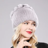 Hot Sale Russia New Winter Real Fur Beanies Hat Women 100% Genuine Real Rex Rabbit Hat Good Elastic Knitted Rex Rabbit Fur Caps 2