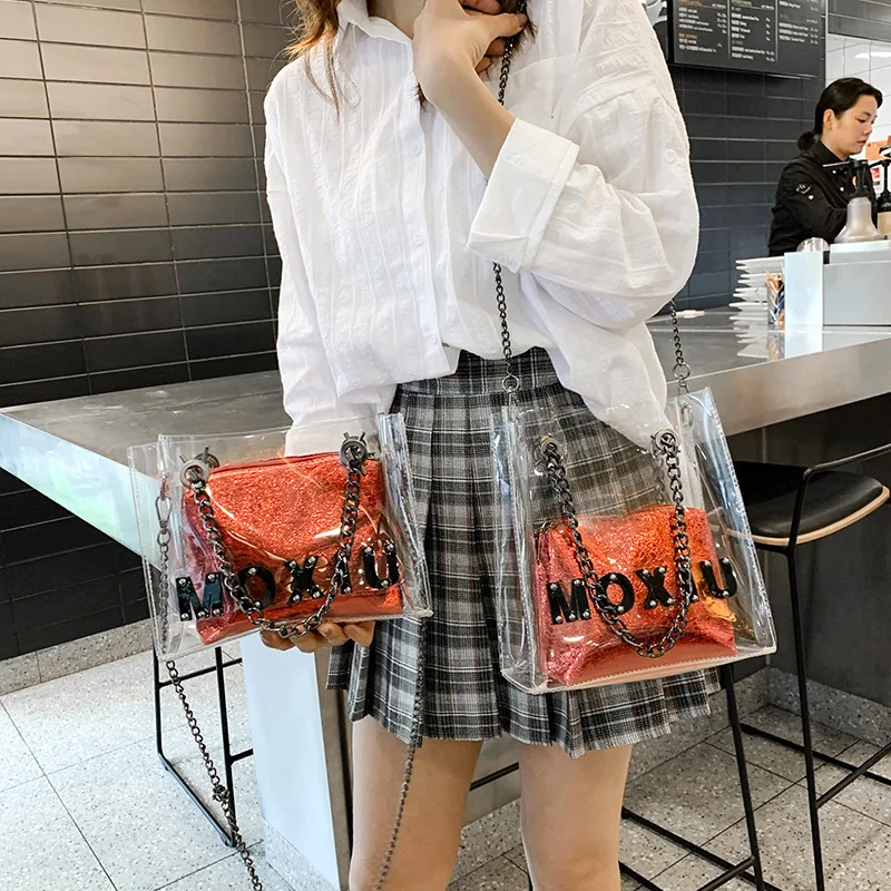 

Summer transparent female 2018 new Korean version of bright film mother bag jelly Joker chain bucket bag slung