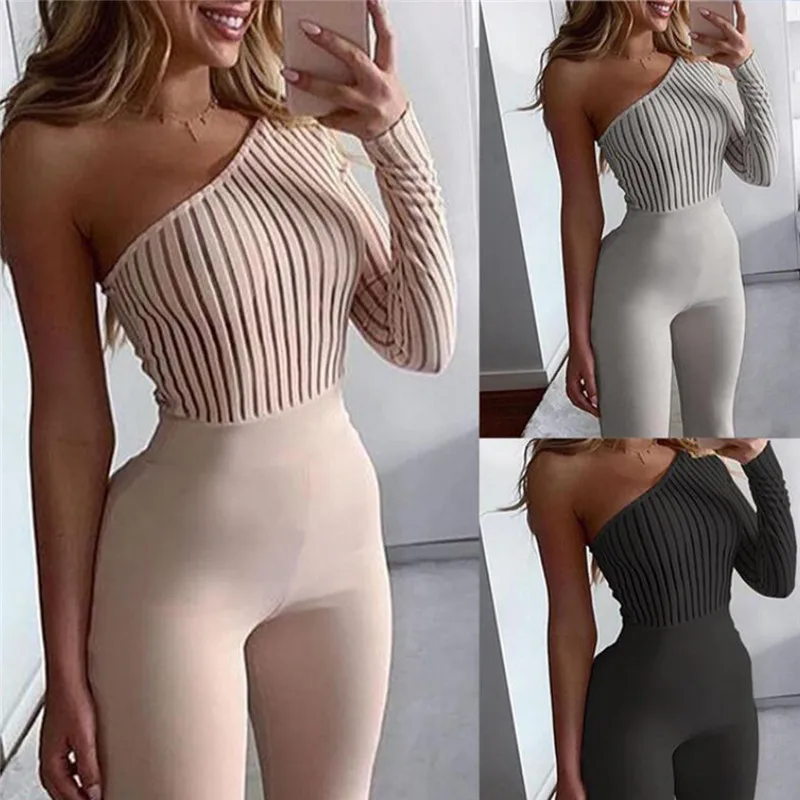 Sexy One-shoulder Rib Knit Jumpsuit Women Rompers Spring Long Sleeve Elegant Jumpsuit Backless Solid Fashionable Skinny Bodysuit Sexy One-shoulder Rib Knit Jumpsuit Women Rompers Spring Long Sleeve Elegant Jumpsuit Backless Solid Fashionable Skinny Bodysuit