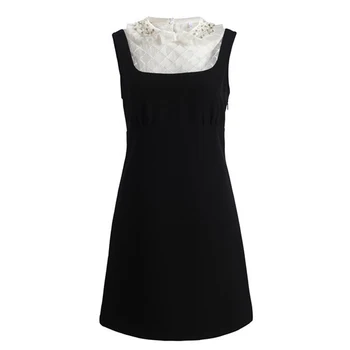 

HIGH STREET New Fashion 2020 Summer Designer Runway Dress Women's Peter pan Collar Sleveeless Diamonds Beaded vest Dress