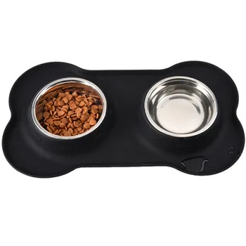 

Silicone Bone Double Dog Bowl M Size Pet Bowl Pet Food Utensils Mat Placemat