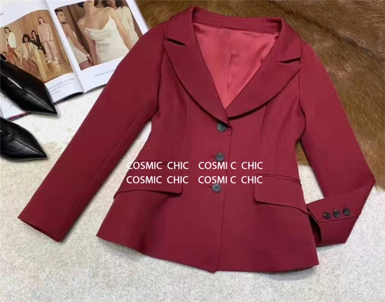 Cosmicchic Women Solid Wool Blazer Runway Design Long Sleeve Pocket Lady Jacket Single Breasted Red Chic Blazer Office Wear