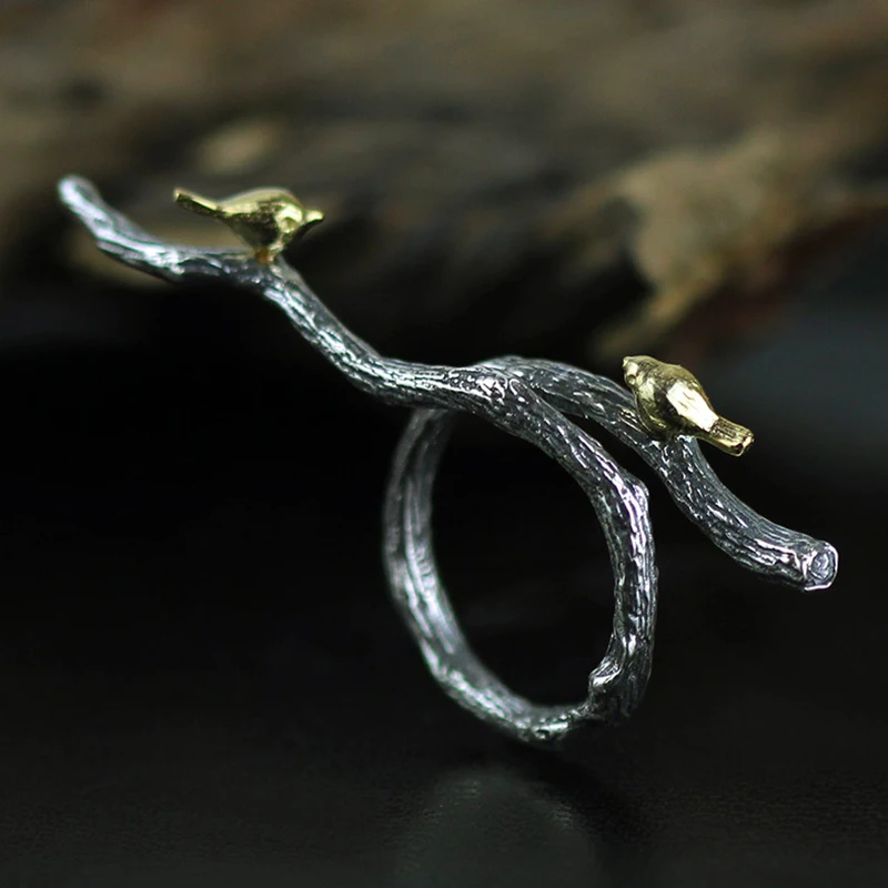 

Joseph Mola Real 925 Sterling Silver Handmade Gold Bird on Old Branch Adjustable Rings For Women Fine Silver Jewelry Gift