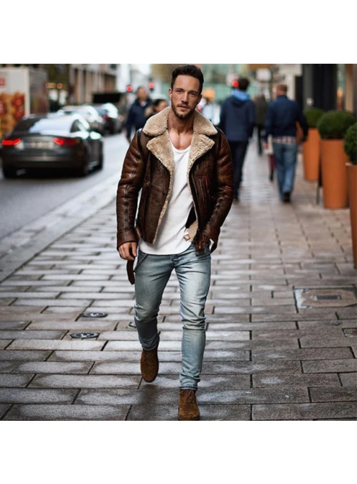 Men Winter Imitation Leather Jacket Biker Motorcycle Zipper Long Sleeve Coat Top
