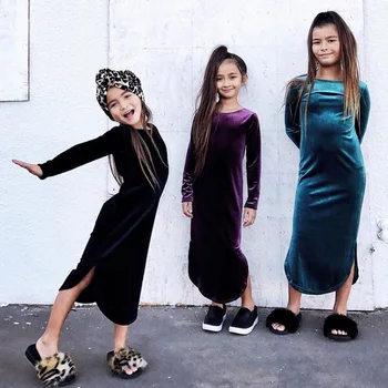 

Europe and United States girls dress 2020 long-sleeved dress for girls divided in golden multicolour velvet girls clothes