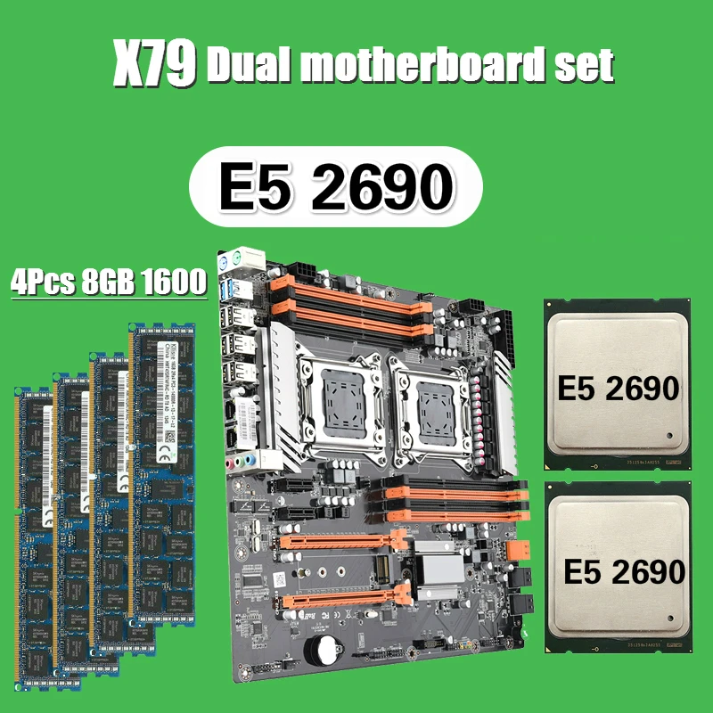 Kllisre X79 двойной процессор Материнская плата с 2 × Xeon E5 2690 4 × 8 ГБ = 32 Гб 1600 МГц DDR3 память ECC Reg