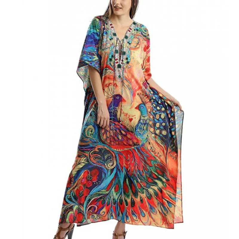 Летние кафтаны для пляжа длинное платье накидка туника 2020 богемный принт
