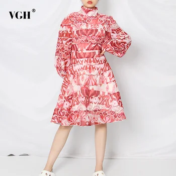 

VGH Printed Hit Color Ruched Dress For Women Stand Collar Lantern Sleeve High Waist Elegant Dresses Female 2020 Summer Fashion