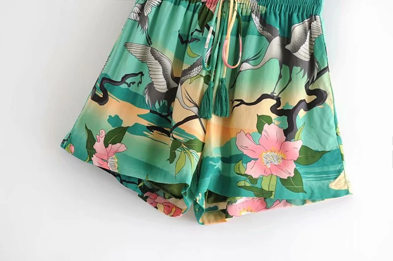 Boho Queens каштановых женские рисунком подъемного крана комплекты одежды с поясом в