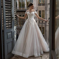 Fivsole Elegant Lace Sheer Neck A-Line Wedding Dress Cap Sleeves Maternity Pregnant Lace-up Back Beach Custom Made Bridal Gowns