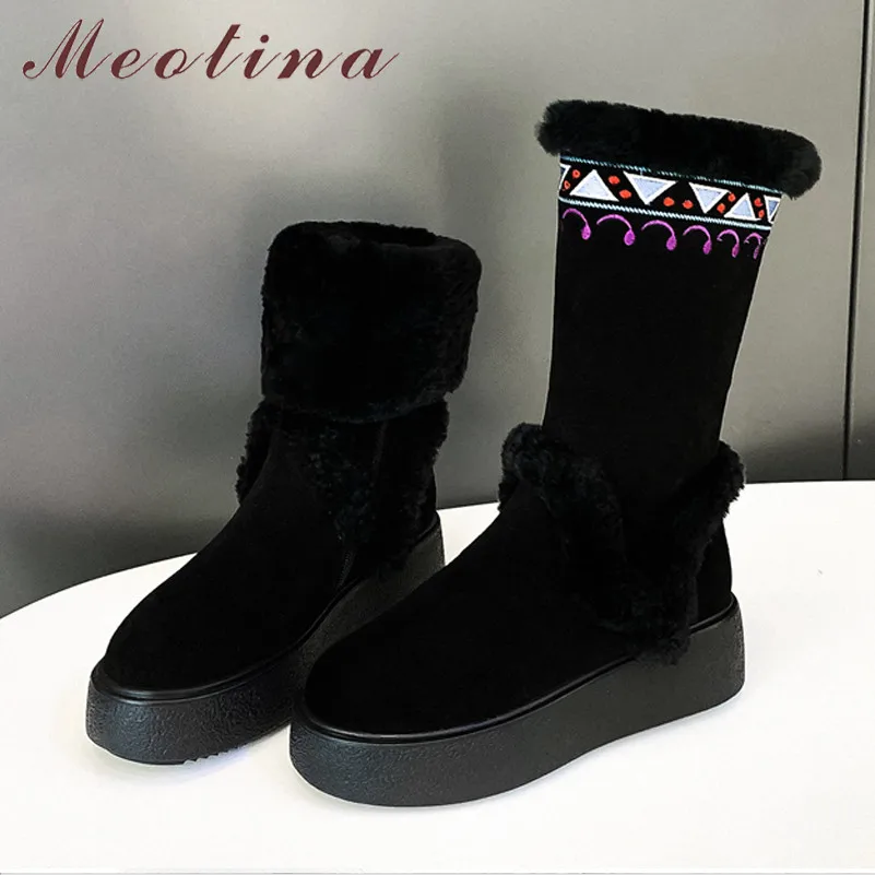 

Meotina Winter Real Fur Snow Boots Women Cow Suede Flat Platform Mid Calf Boots Warm Plush Zipper Shoes Ladies Black Size 34-39