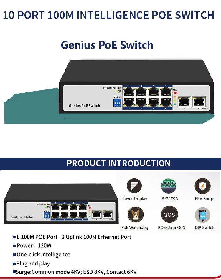 Interruptor de Rede 48v para Câmera - sem Fio Kuwfi Porto Switch 10 - 100m Ethernet ip Cctv ap Ieee 802.3 af at 8 Poe 1 High Quality Computador e Escritório