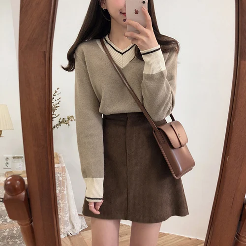 Повседневные тонкие универсальные свитера с v-образным вырезом зима 2019 Новое