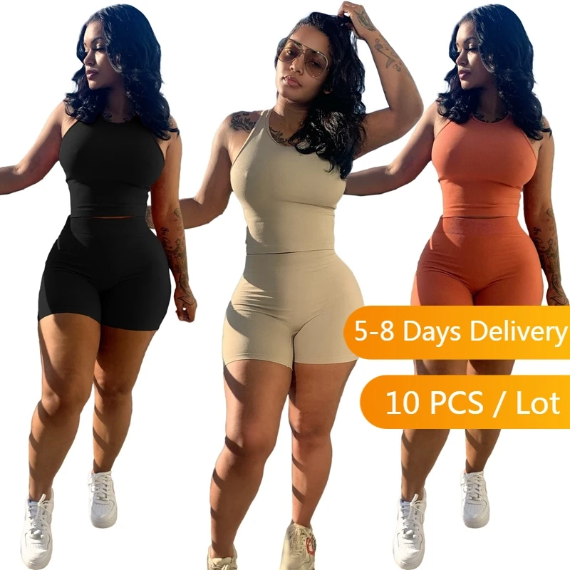 Bulk Wholesale Items Lots Ribbed Two Piece Set Summer Bodycon Tank Crop Top and Biker Shorts Set Workout Tracksuit Women Fitness plus size jogger set