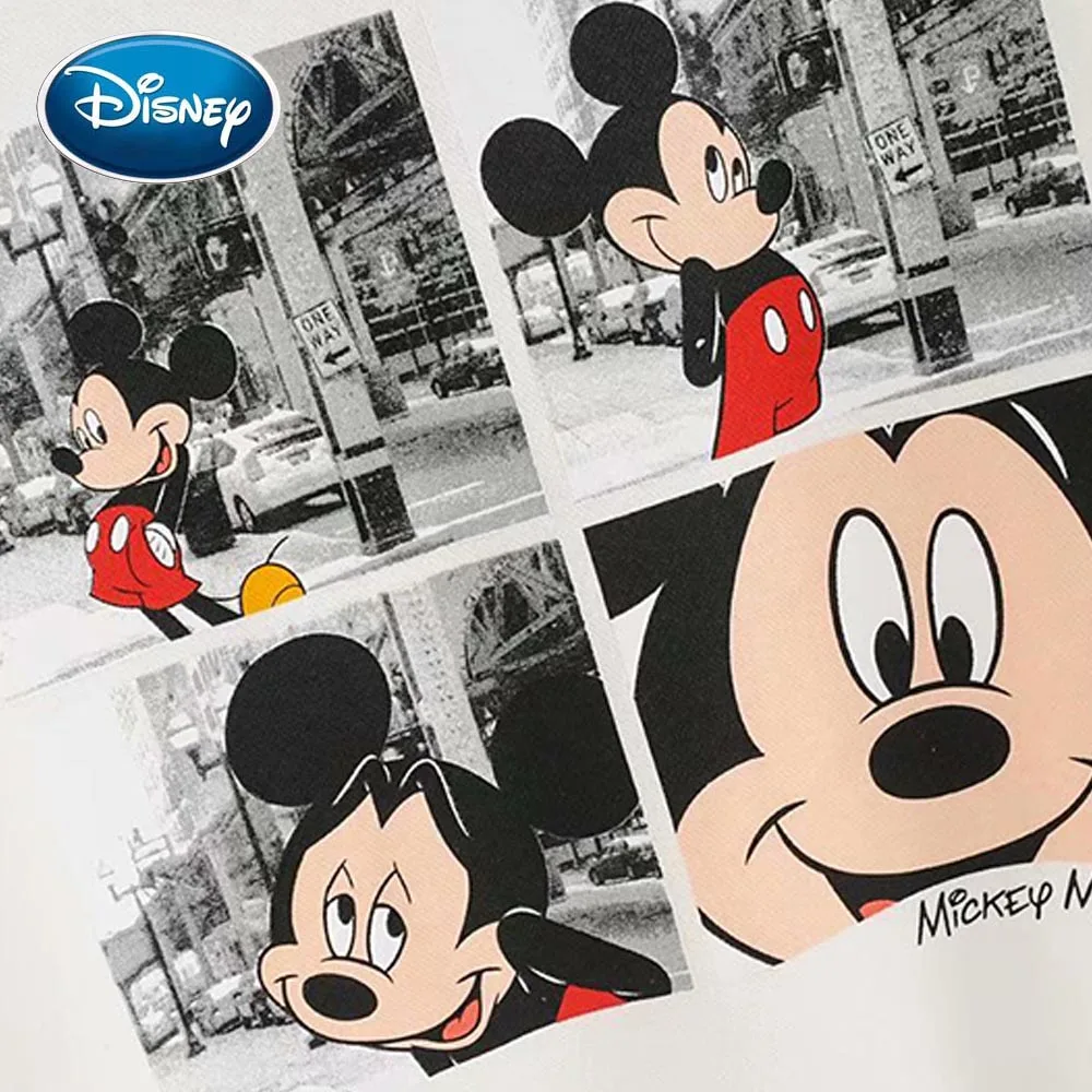 Disney Стильная Милая Белая футболка с принтом Микки Мауса, пуловер с круглым вырезом, уличная Женская Повседневная Свободная футболка с длинным рукавом