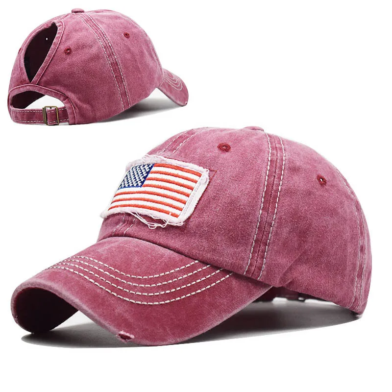 

Cotton washed horsetail broken hole national flag embroidered baseball cap horsetail cap curved eaves horsetail cap
