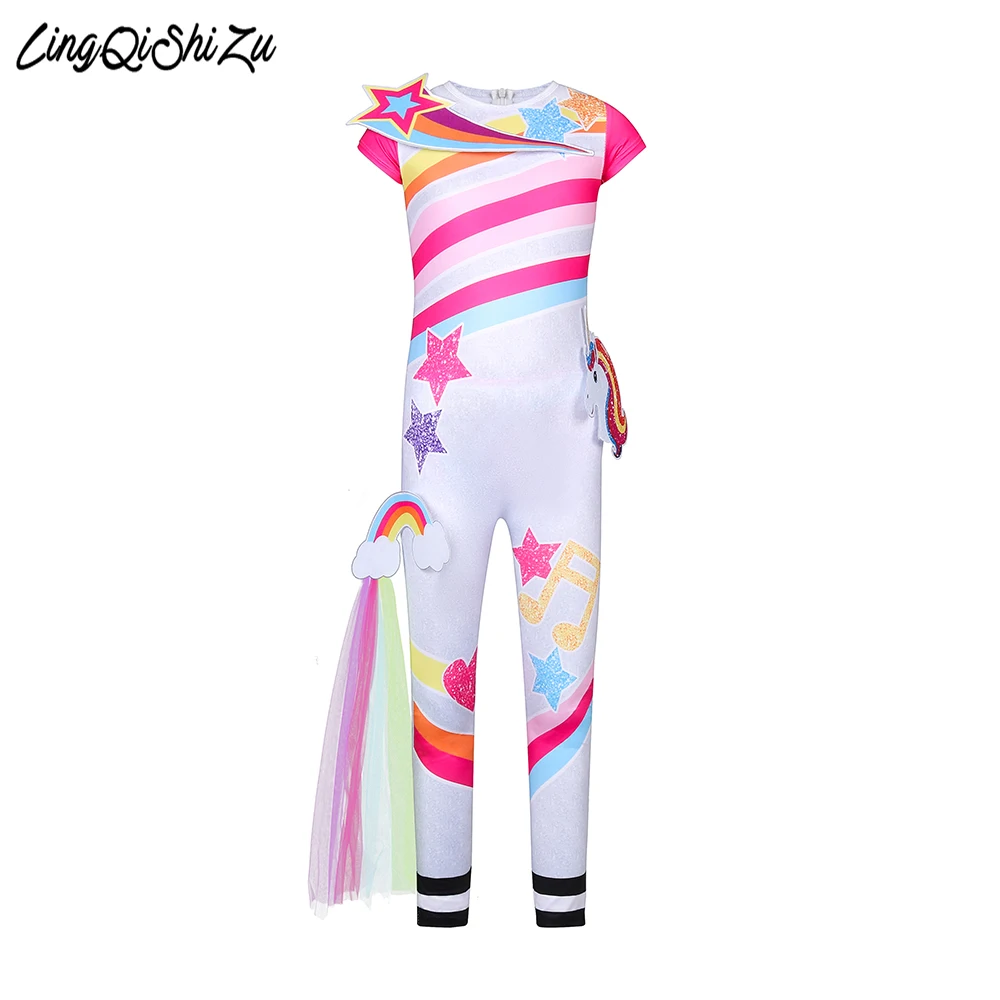 Baby Girls Unicorn Jumpsuit Rainbow Print Cosplay Clothes Colorful Mesh Milk silk Fabric Theme party Costume For Girls 62972