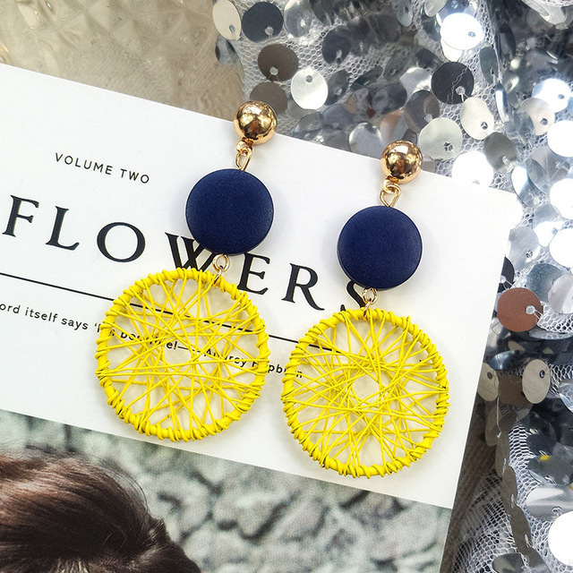 Flax Hemp Rope Round Ball Wood Women's Earrings 2020 New Style Long Yellow Blue White Candy Color Fashion Jewelry