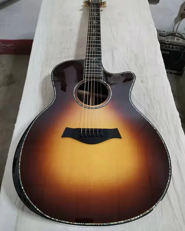 

free shipping custom shop tobacco burst all solid handmade acoustic guitar gotoh tuner peg abalone cutaway guitars