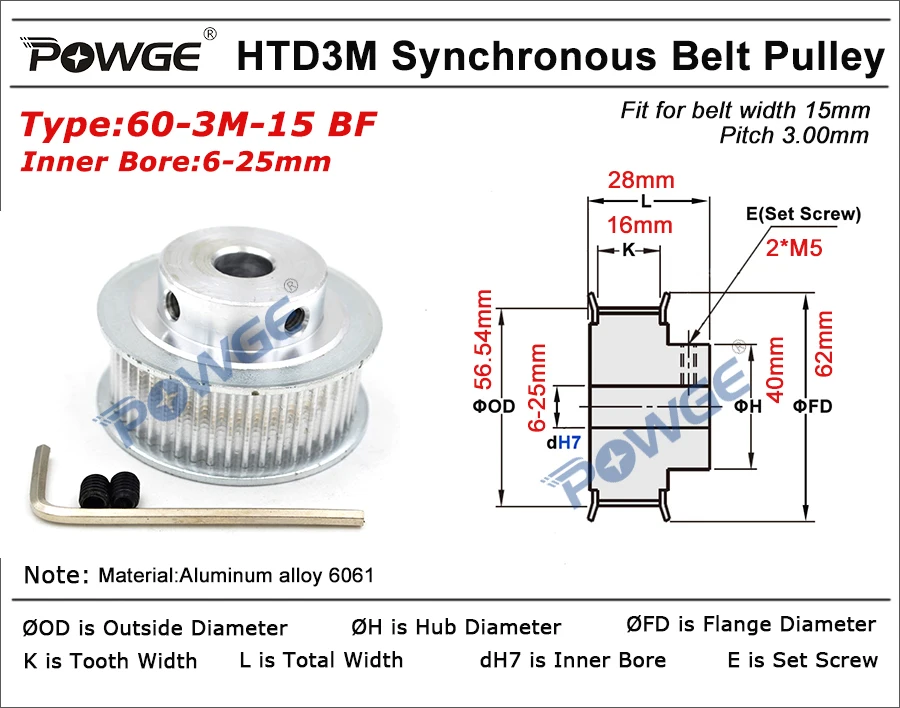 POWGE 60 Зубы HTD 3 м Синхронный шкив Диаметр 6/8/10/12/15/17/19/20/25 мм для Ширина 15 мм 3 м с зубчатым ремнем HTD3M шкив 60 T 60 зубов