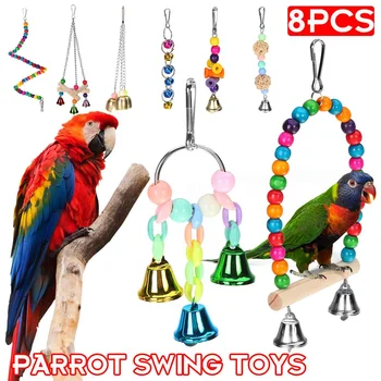 

8Pcs/set Pet Parrot Hanging Toy Chewing Bite Rattan Balls Grass Swing Bell Bird Parakeet Cage Rotating Ladder Tripod Stand