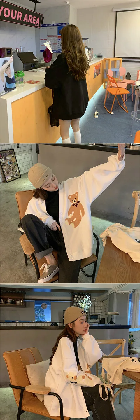 Woherb винтажный Модный свитер женский однобортный Кардиган с длинным рукавом с рисунком медведя свободные вязаные топы Harajuku корейский