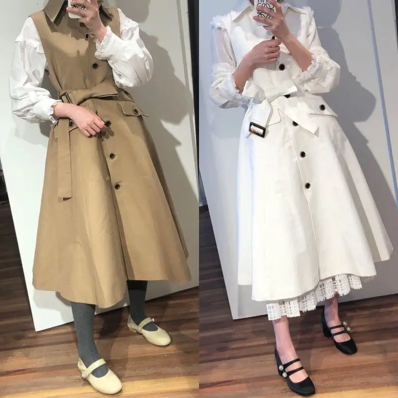 [EWQ] Autumn New Single-breasted Lapel Lacing Ladies Casual Khaki Women Dress Korea Style Loose Sleeveless Tank Dress QL550