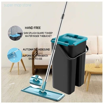 Squeeze Mop With Bucket 360 Rotating Hand Free Washing Flat Cleaning Microfiber Pads Wet Dry Home Cleaning Tools 1