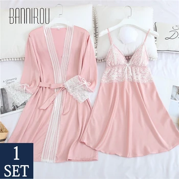 

Sexy Lace Stain Silk Woman Robes Sets Full Nightgowns Set Floral Home Wear Suit Female Robes Suit Sleepshirts New 2 Pieces 1 Set
