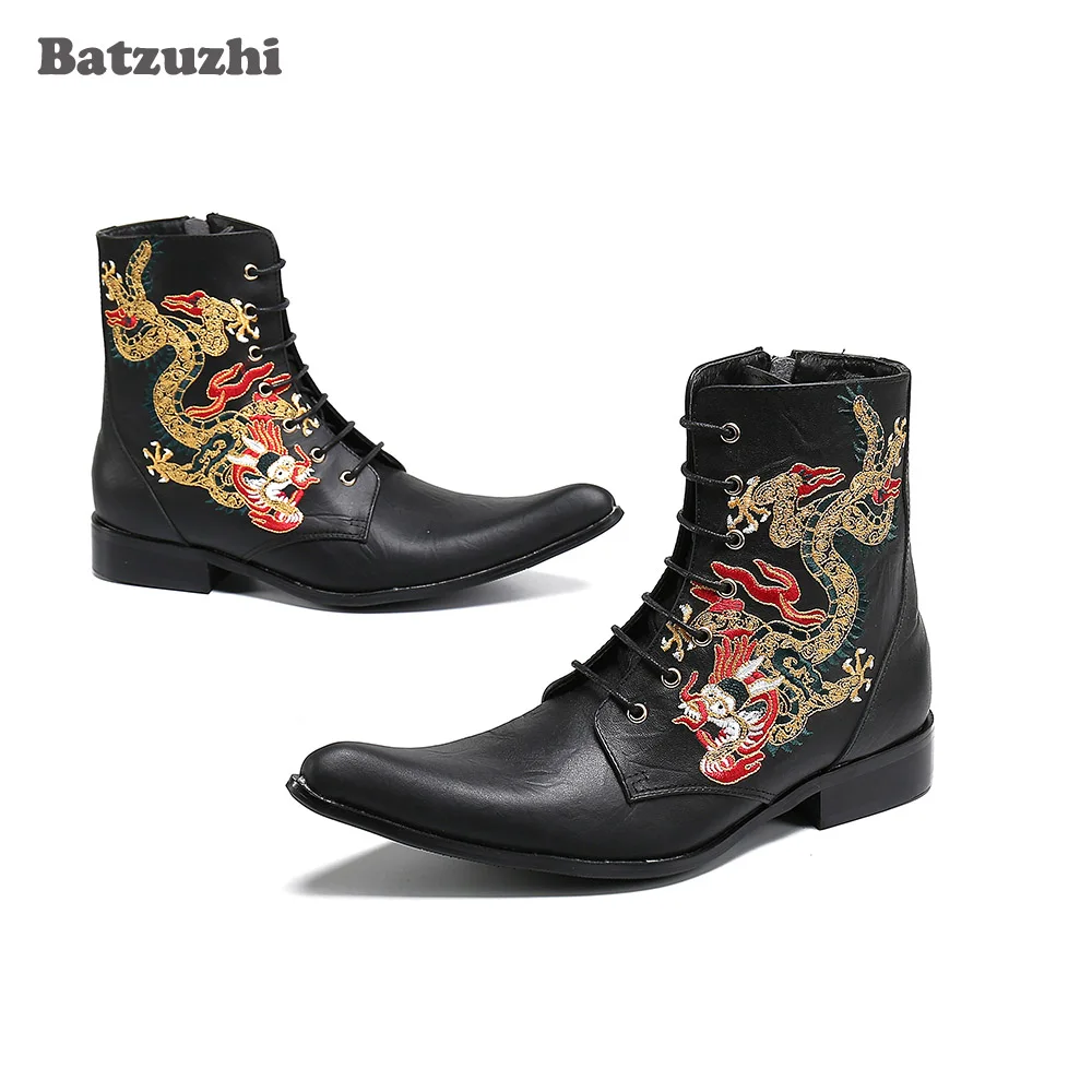 Batzuzhi Luxury Handmade Men's Boots Shoes Pointed Toe Embroidery Black Leather Ankle Boots Men Motorcycle/Biking Botas Hombre