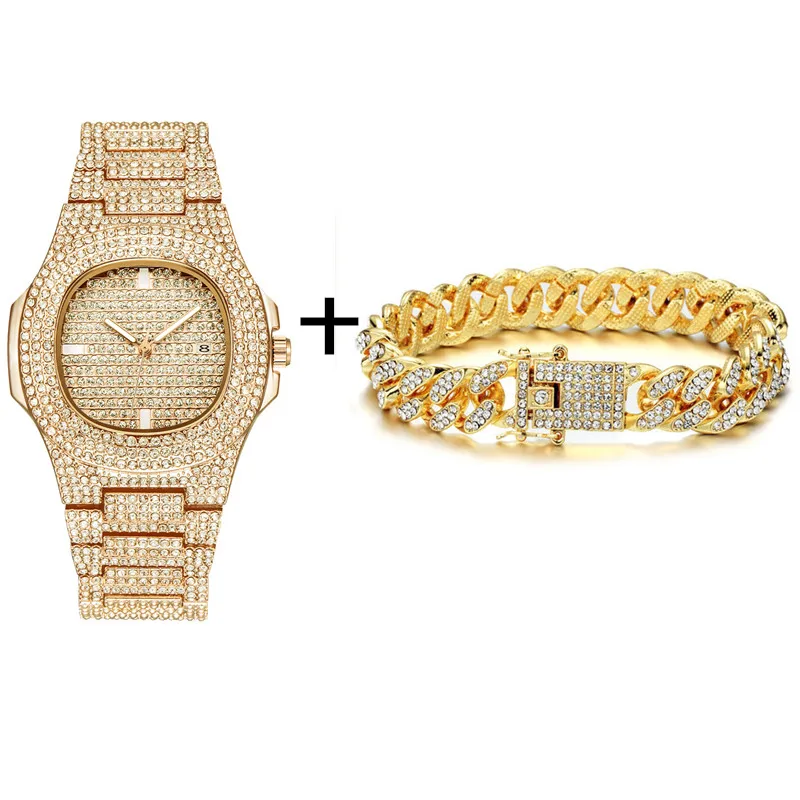 

Gold Necklace +Watch+Bracelet Hip Hop Miami Curb Cuban Chain Gold Iced Out Paved Rhinestones CZ Bling Rapper For Men Jewelry