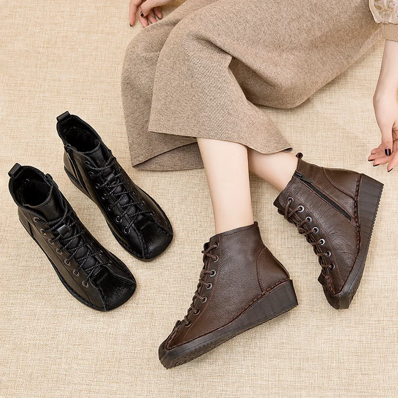 

Women's round-Toe Genuine Leather Retro WOMEN'S Leather Boots Side Zipper Martin Boots Thick Warm Low Heel WOMEN'S Shoes