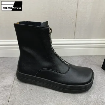 

Autumn Women Real Leather Chelsea Boots Casual Black Front Zip Flat Ankle Boots England Style Biker Boots Zapatos De Mujer