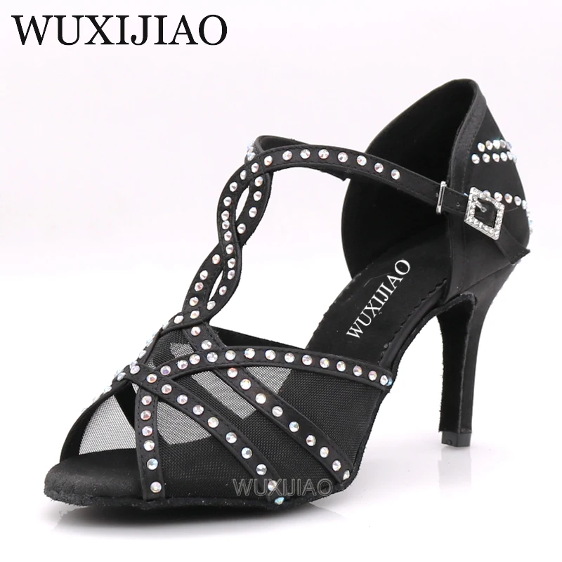 WUXIJIAO Latin dance shoes women's dinner dance shoes bronze skin black satin mesh shiny rhinestones salsa high heels 9 cm dance shoes