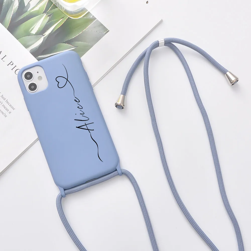 Custom Name for iPhone 12 Pro Max 7 8 Plus X XR XS 11 Phone Case With Strap SE 2020 Coque Girls Gift Soft Silicone Funda DIY mobile pouch Cases & Covers
