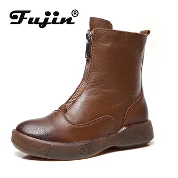 

Fujin High Quality Soft Genuine Leather Boots Zip For Women Autumn Winter Plush Fur Warm ladies Shoes Ankle Boots Platform