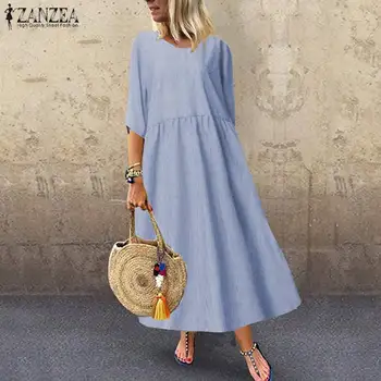 

ZANZEA Plus Size Women Stripe Dress 2019 Ladies Vintage Cotton Linen Long Tunic Shirt Vestidos Casual Summer Beach Sundresses