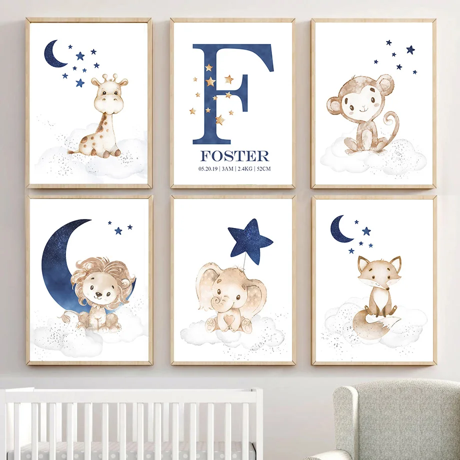 Wall Poster Baby Room Boy Canvas Giraffe Pictures Blue Baby Room