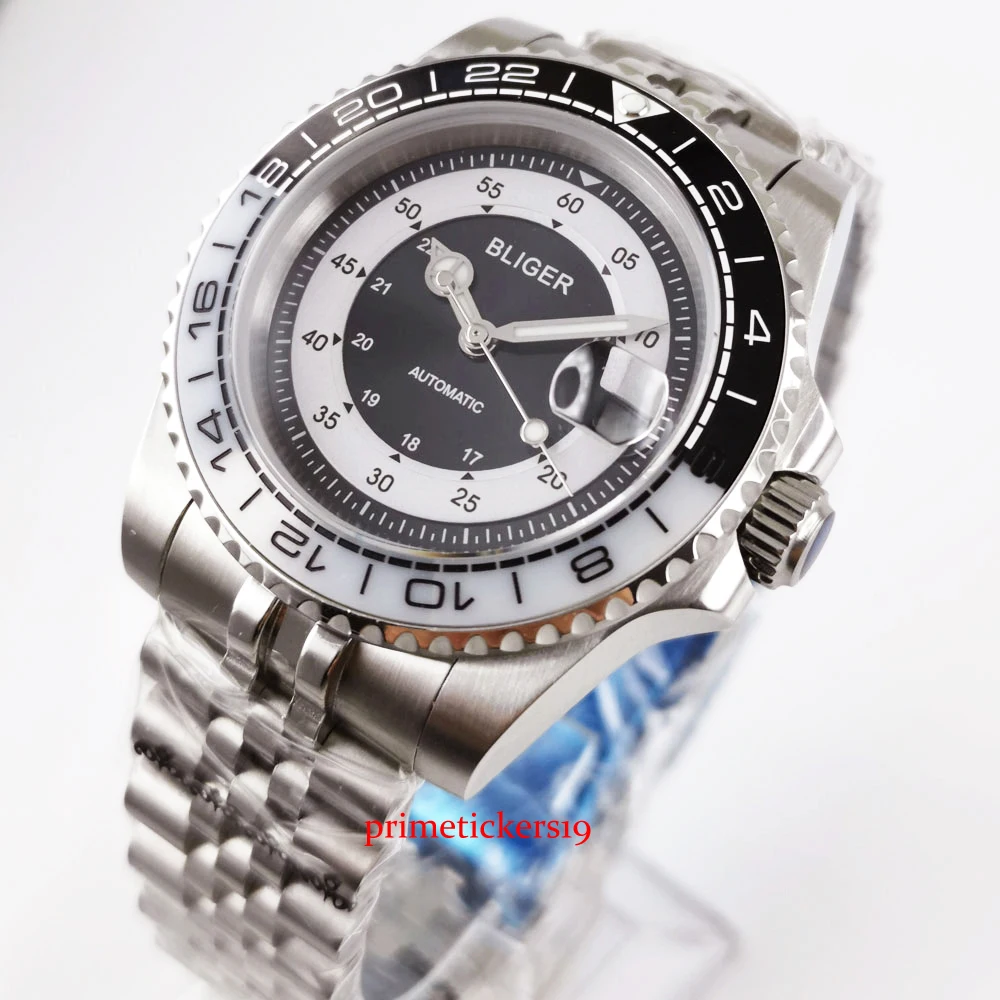 

40mm BLIGER new black white bezel date indicator mental strap mechanical automatic men's wristwatch with magnifier