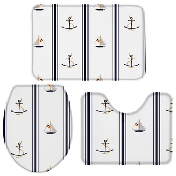 

Boat Anchor Ocean Ship Black Bath Set Toilet Cover Mat Pedestal Rug Non-Slip Bathroom Rug Set
