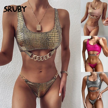 

sexy snake printed bikini female swimsuit female two piece bathing suit bikini set with swimmer chain