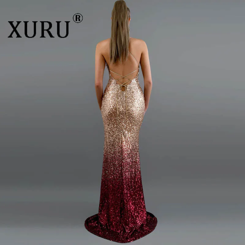 XURU сексуальное платье с v-образным вырезом, расшитое блестками, градиентное платье, европейское и новое популярное женское платье