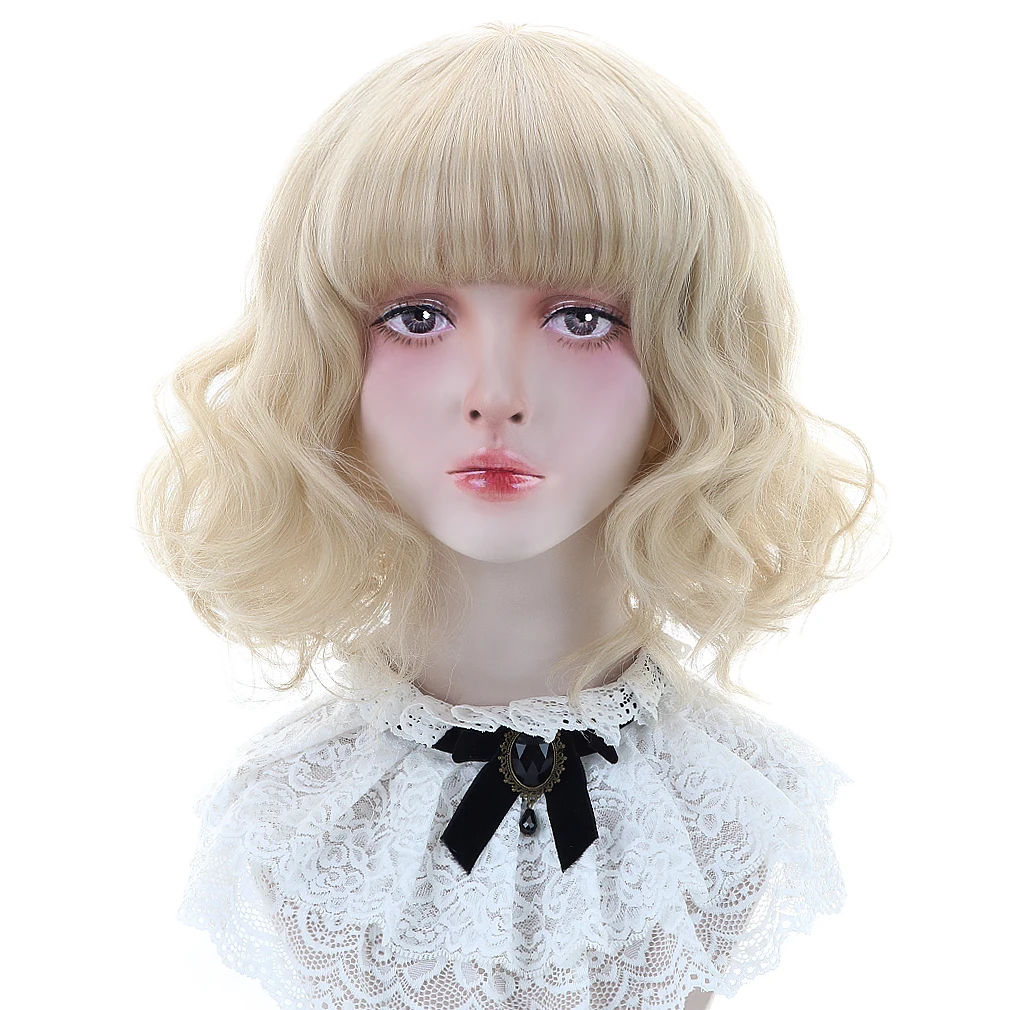 

Free Beauty 14" Short Wavy Synthetic Ash Blonde Brown Ginger Dun Hair Bob Wigs with Blunt Bangs for Women Lolita Cosplay Costume